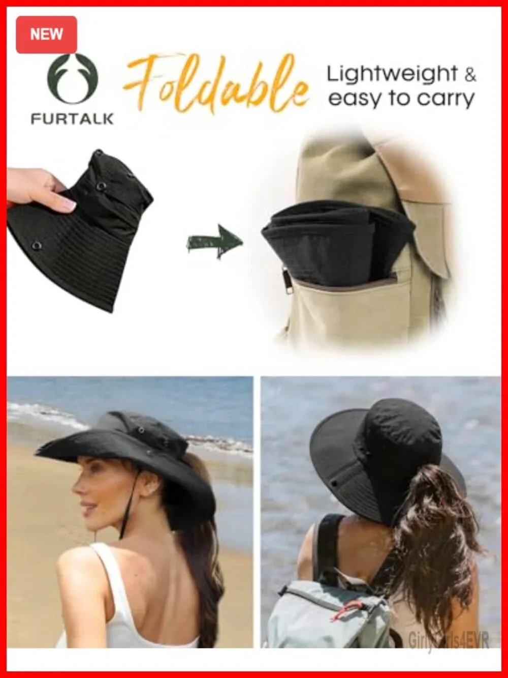 Women's Nylon Sun Hat Wide Brim UV Protection Ponytail Hole Packable Cowboy